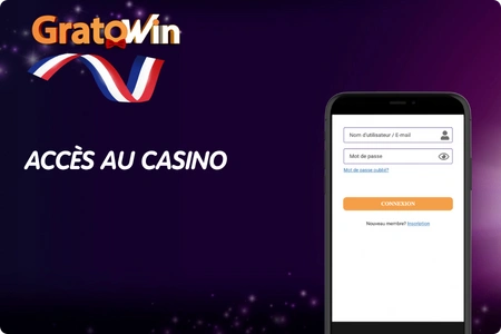 Écran de connexion sur Gratowin France avec champs email et mot de passe.