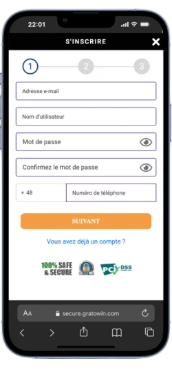 Formulaire d’inscription Gratowin sur mobile avec champs e-mail, mot de passe et numéro de téléphone