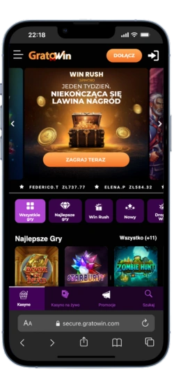 Ekran główny aplikacji GratoWin z banerem Win Rush, kategoriami gier i listą najlepszych slotów.