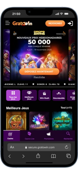 Écran d’accueil mobile de Gratowin avec menus de jeux et bannières promotionnelles