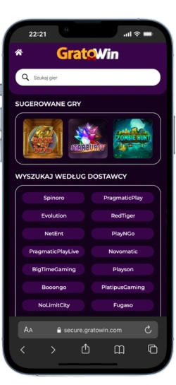 Lista gier i dostawców w aplikacji GratoWin z wyszukiwarką i sugerowanymi slotami.