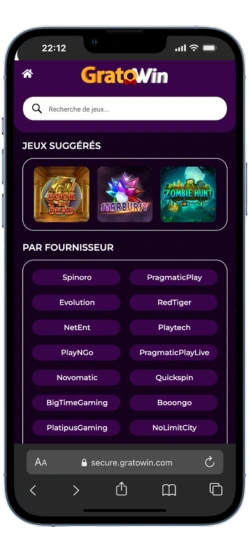 Catalogue de jeux Gratowin sur mobile avec barre de recherche et fournisseurs affichés