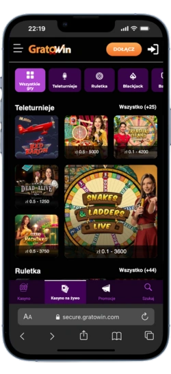 Zakładka gry na żywo w GratoWin z ruletką, programami live i stołami prowadzonymi przez krupierów.