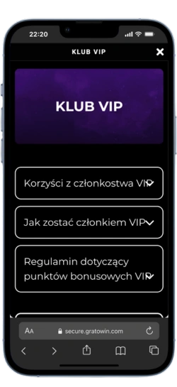 Panel VIP w GratoWin z informacjami o korzyściach, zasadach i dołączeniu do klubu VIP.