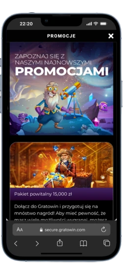 Sekcja promocji GratoWin z banerem najnowszych ofert i pakietem powitalnym.