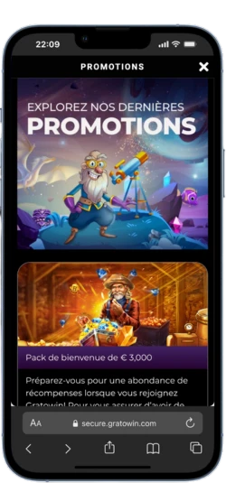 Section des promotions Gratowin avec visuels des offres et pack de bienvenue
