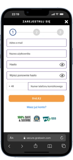 Formularz rejestracji GratoWin z polami e-mail, nazwa użytkownika, hasło i numer telefonu.
